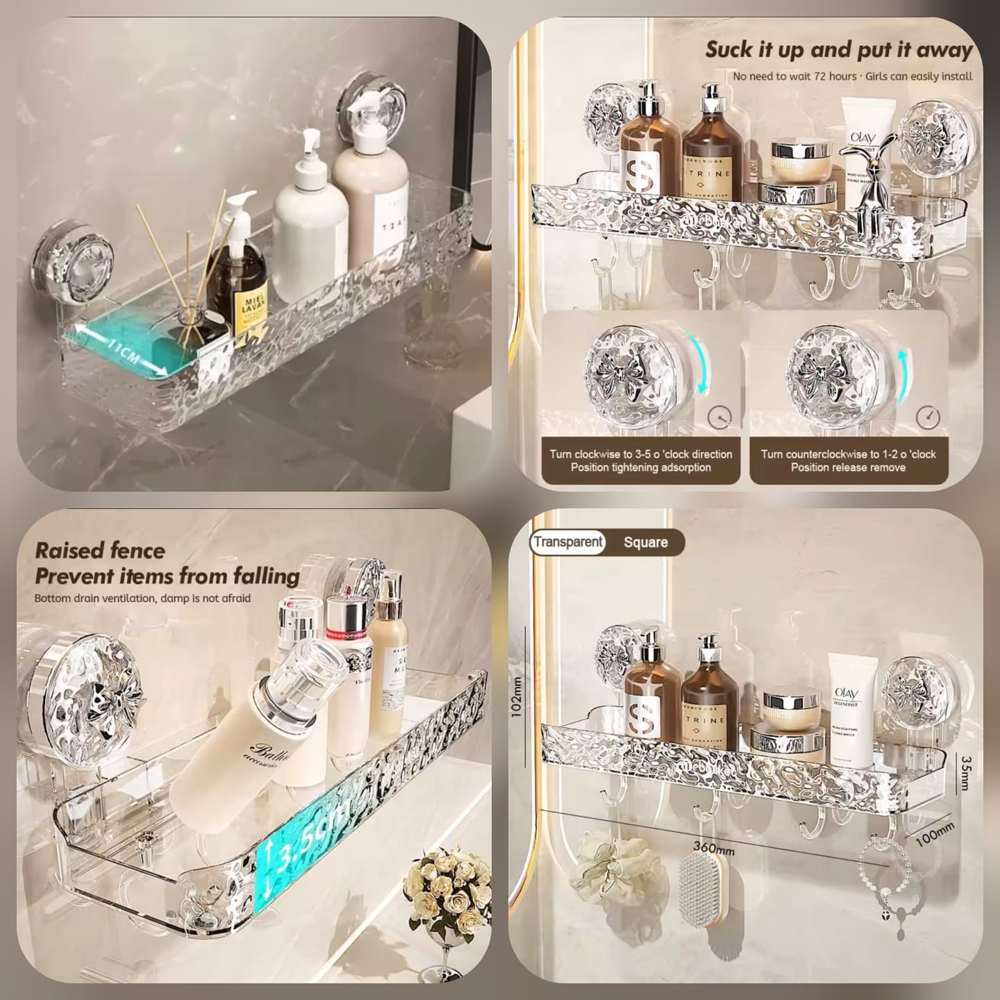 CrystalClear Suction Cup Bathroom Shelf with Hooks