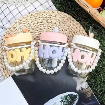 Water Glass Material Cup With Pearls Chain and Straw