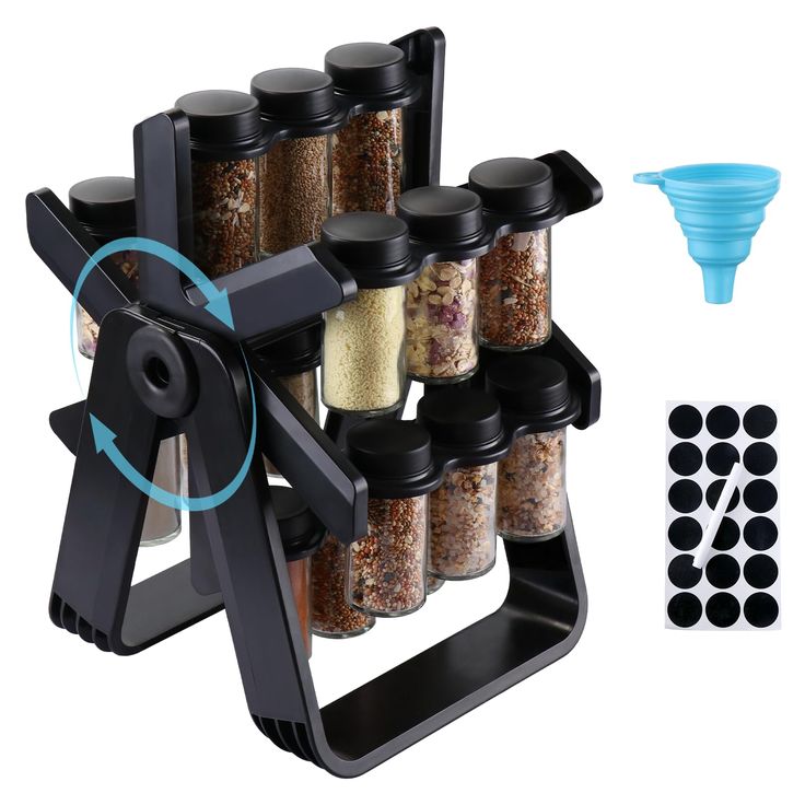 18 Pcs Rotating Spice Rack Set with Glass Jars – 360° Masala Stand Organizer