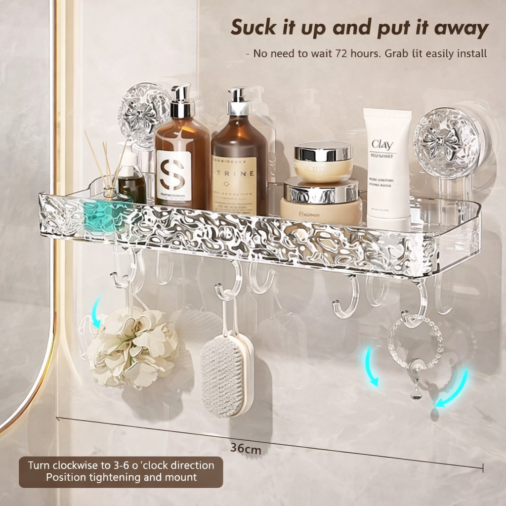 CrystalClear Suction Cup Bathroom Shelf with Hooks