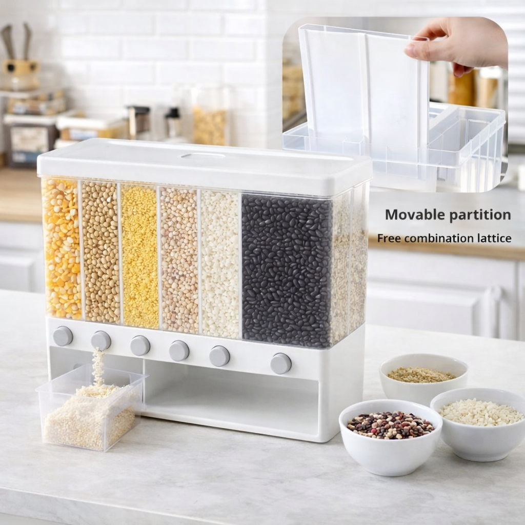 Multi-Grain 6-Grid Airtight Cereal & Rice Dispenser