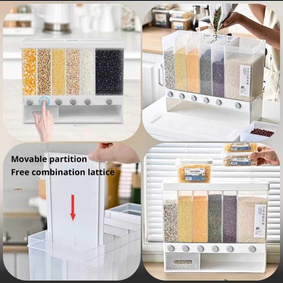 Multi-Grain 6-Grid Airtight Cereal & Rice Dispenser