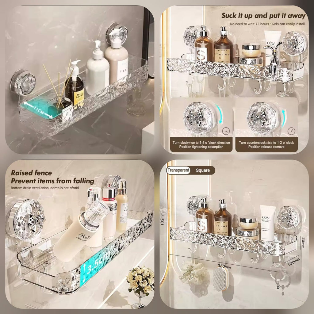 CrystalClear Suction Cup Bathroom Shelf with Hooks