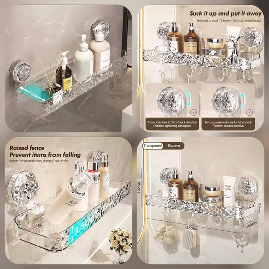 CrystalClear Suction Cup Bathroom Shelf with Hooks