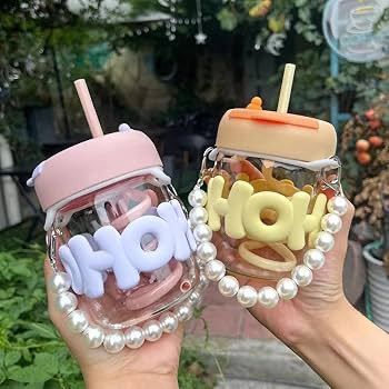 Water Glass Material Cup With Pearls Chain and Straw