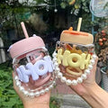 Water Glass Material Cup With Pearls Chain and Straw