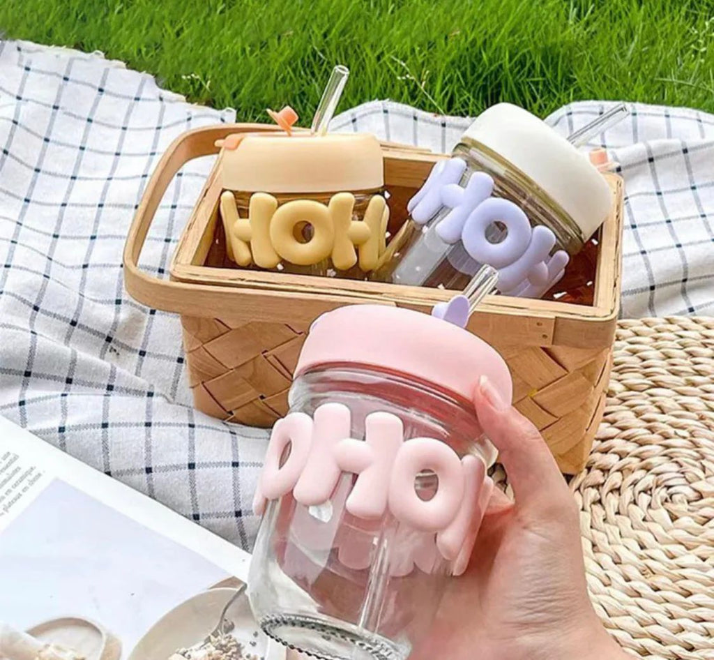 Water Glass Material Cup With Pearls Chain and Straw