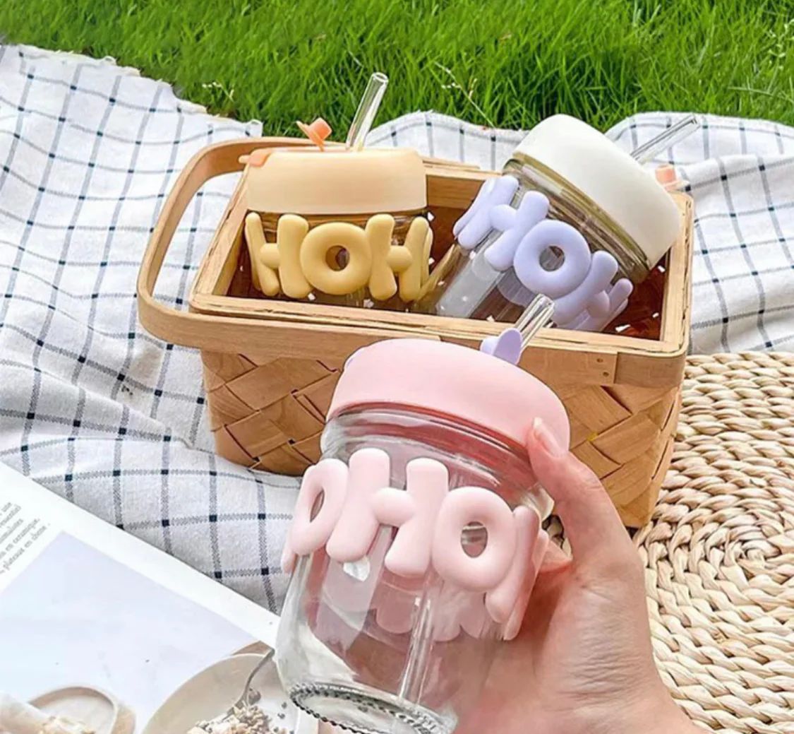 Water Glass Material Cup With Pearls Chain and Straw