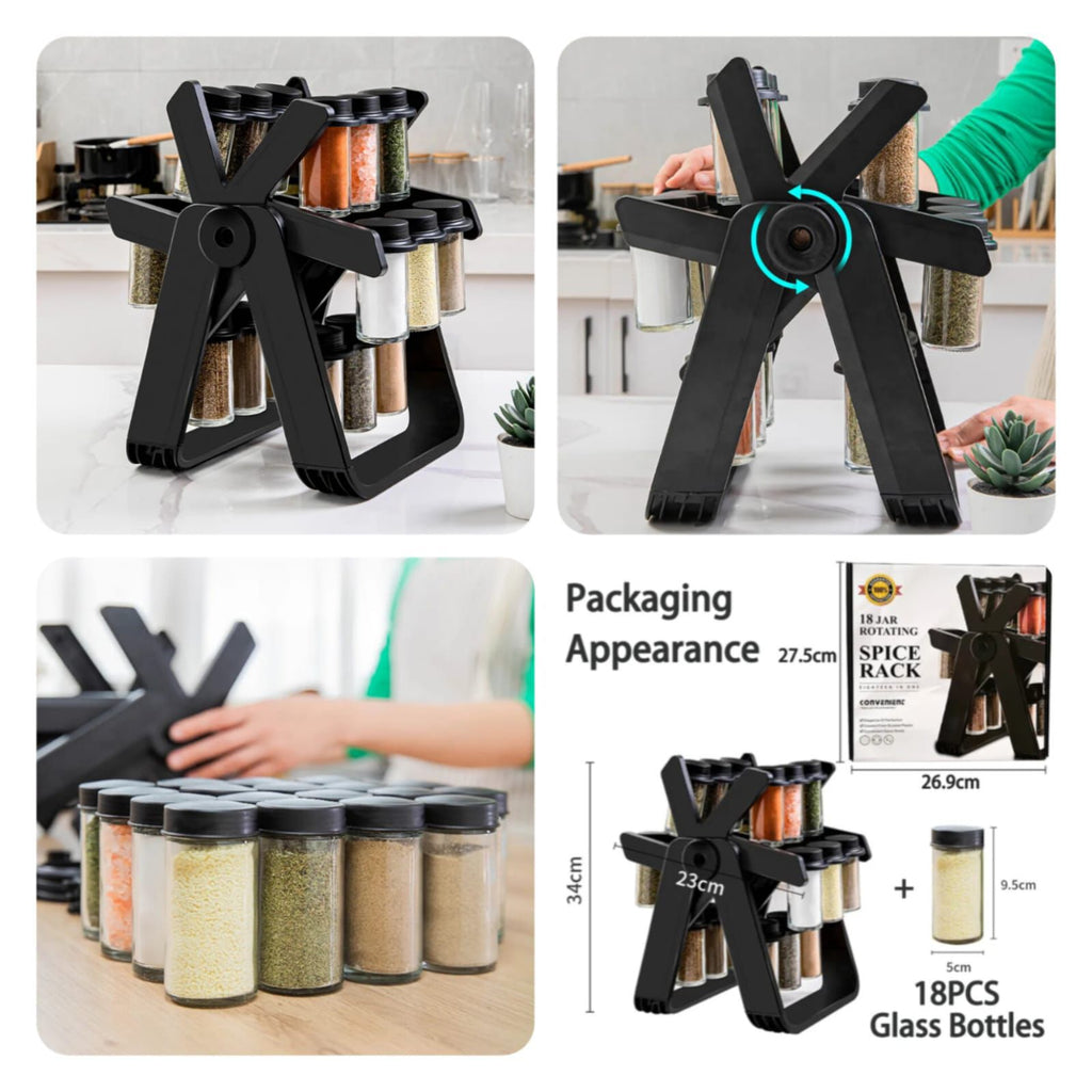 18 Pcs Rotating Spice Rack Set with Glass Jars – 360° Masala Stand Organizer