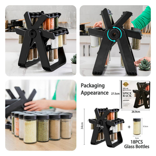 18 Pcs Rotating Spice Rack Set with Glass Jars – 360° Masala Stand Organizer