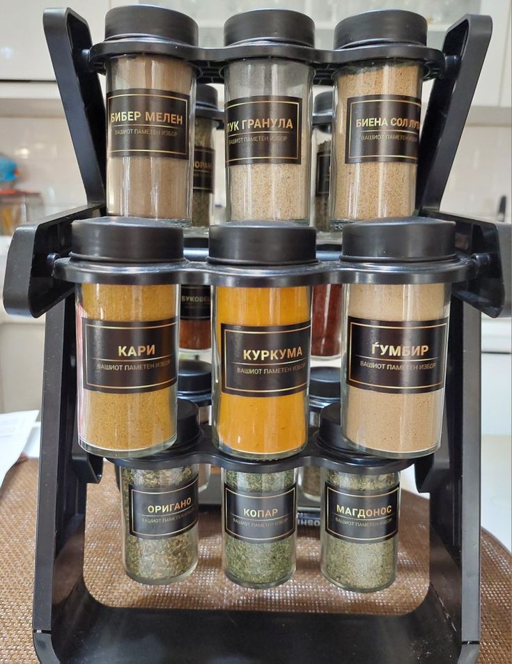 18 Pcs Rotating Spice Rack Set with Glass Jars – 360° Masala Stand Organizer